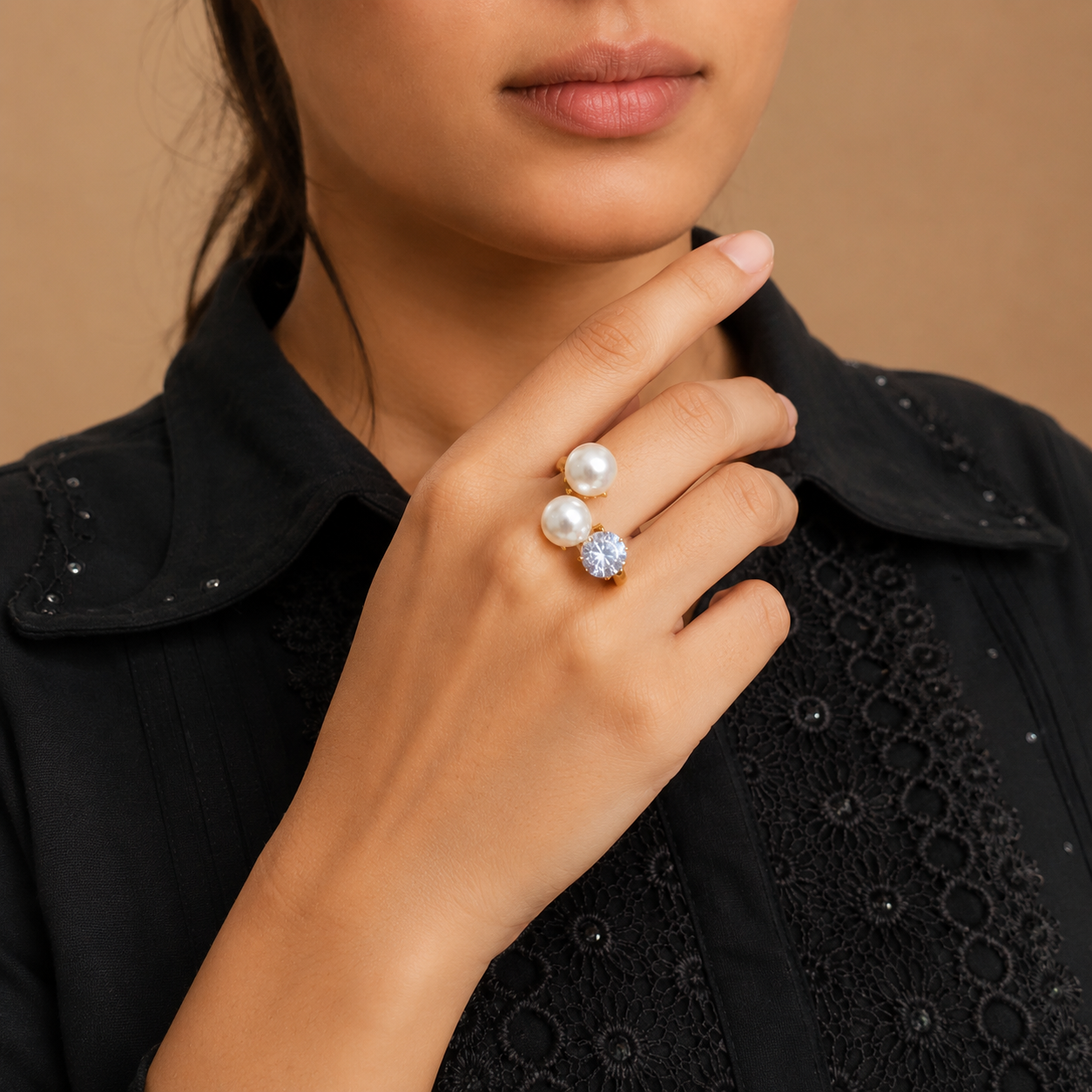 Demi Fine Pearl & Crystal Open Ring