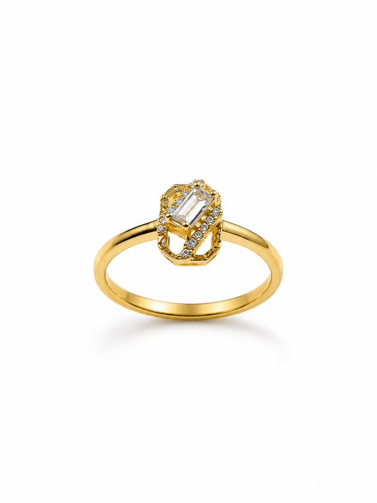 9K Gold Emerald-Cut Crystal Halo Ring (Size -11)