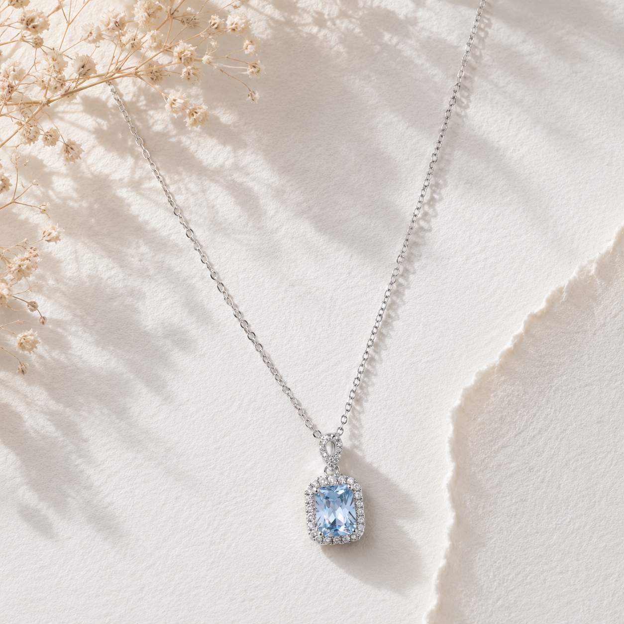 Silver Elegant Blue Stone Halo Necklace