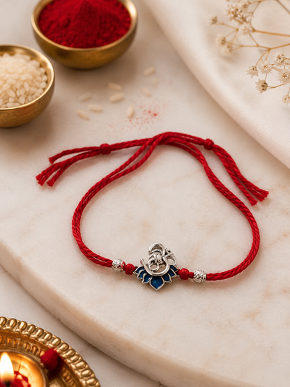 925 Silver Blue Lotus Ganesh Rakhi