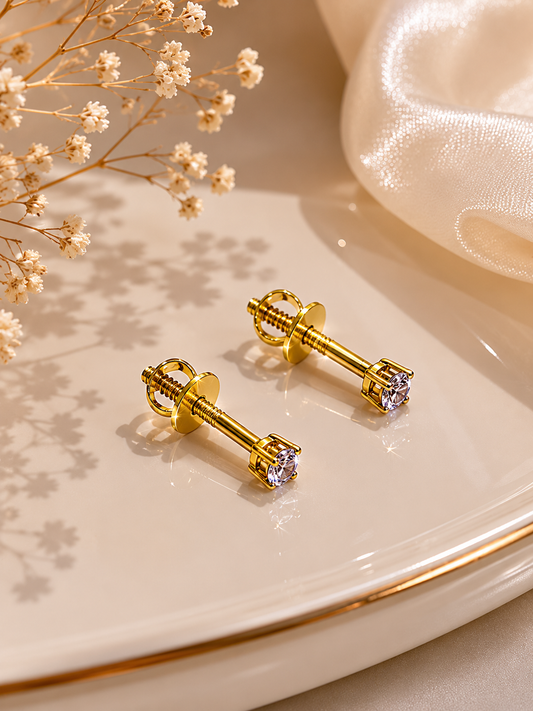 9K Gold Solitaire Screw Back Stud Earrings