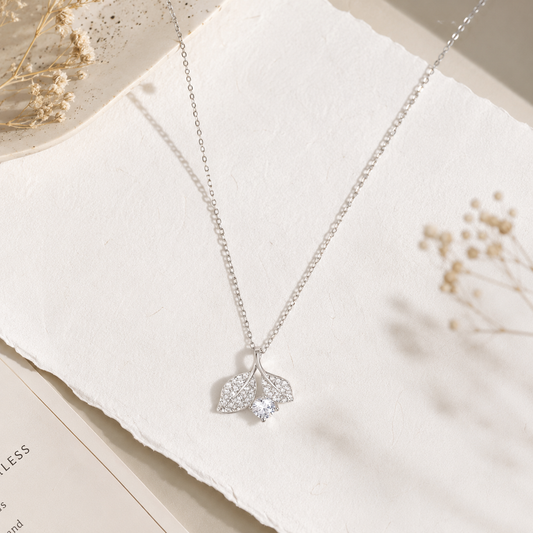 Silver Twin Leaf Sparkle Necklace