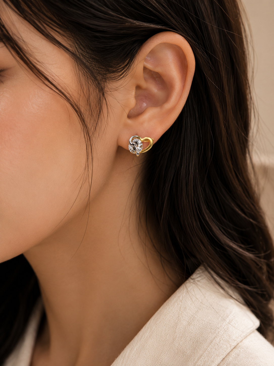 9K Gold Heart Crystal Stud Earrings