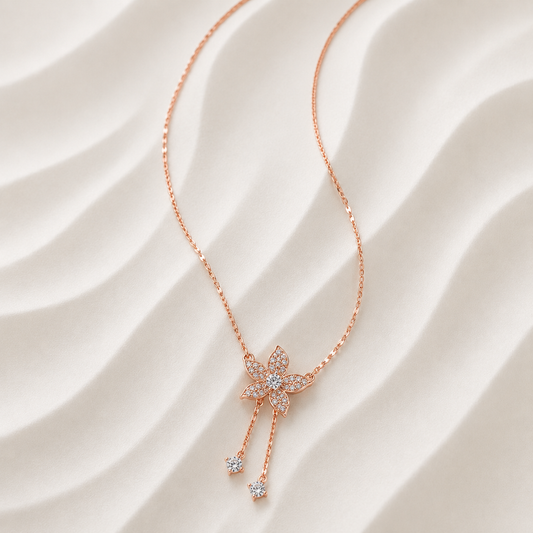 Silver Rose Gold Floral Drop Necklace