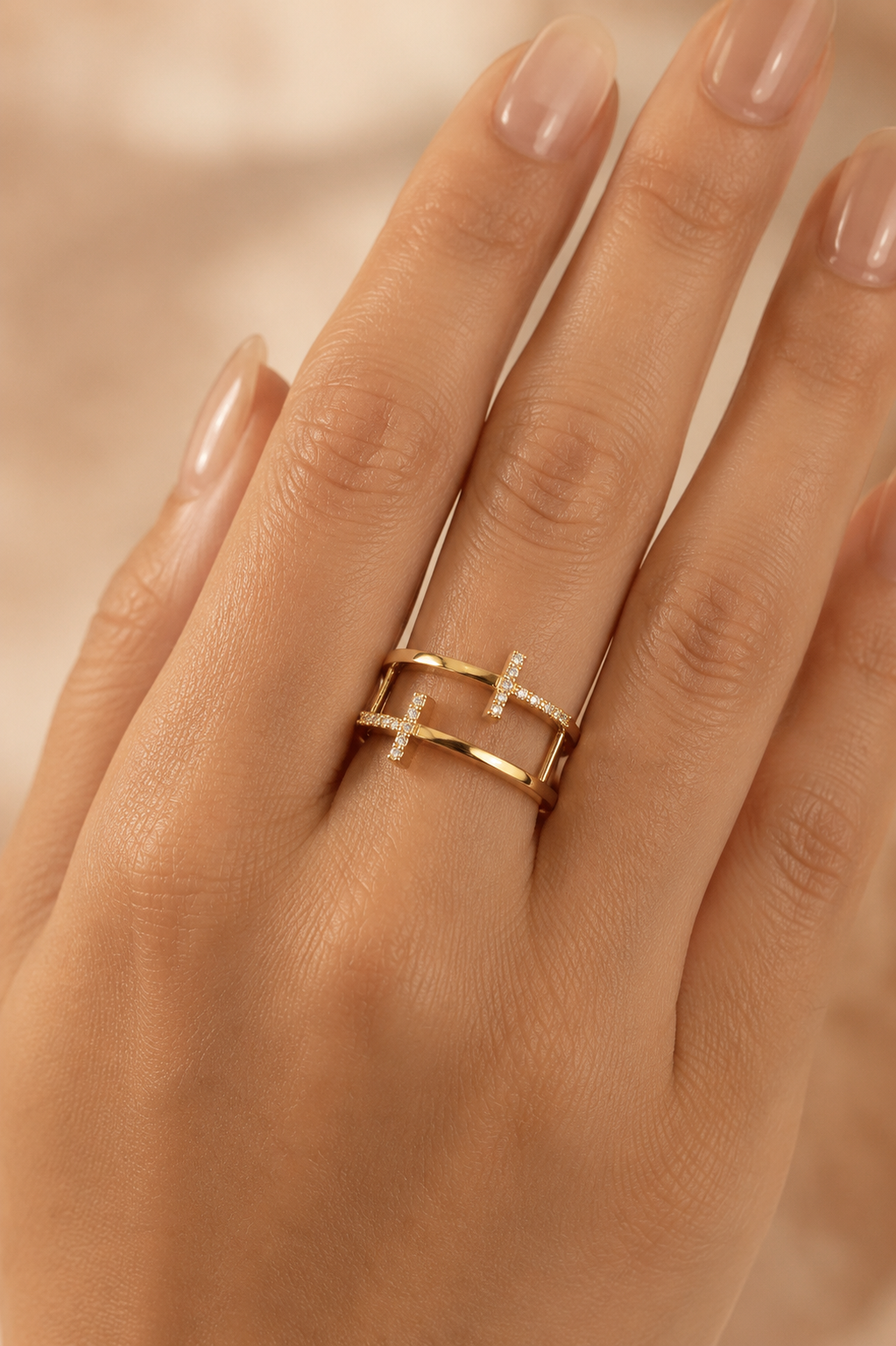 9K Gold Double Cross Diamond Ring (Size -12)