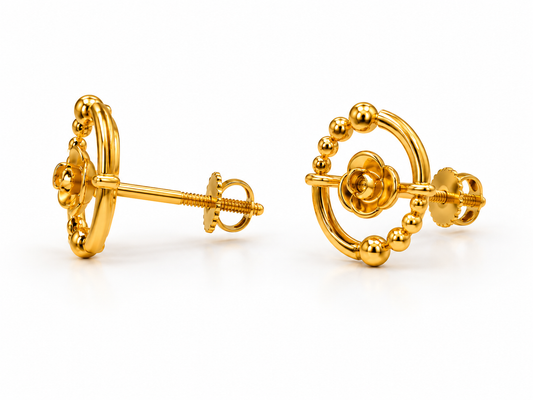 9K Gold Beaded Floral Circle Stud Earrings