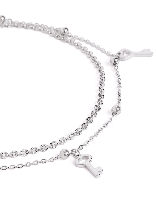 925 sterling silver double layered anklet for women with adjustable chain, and elegant design