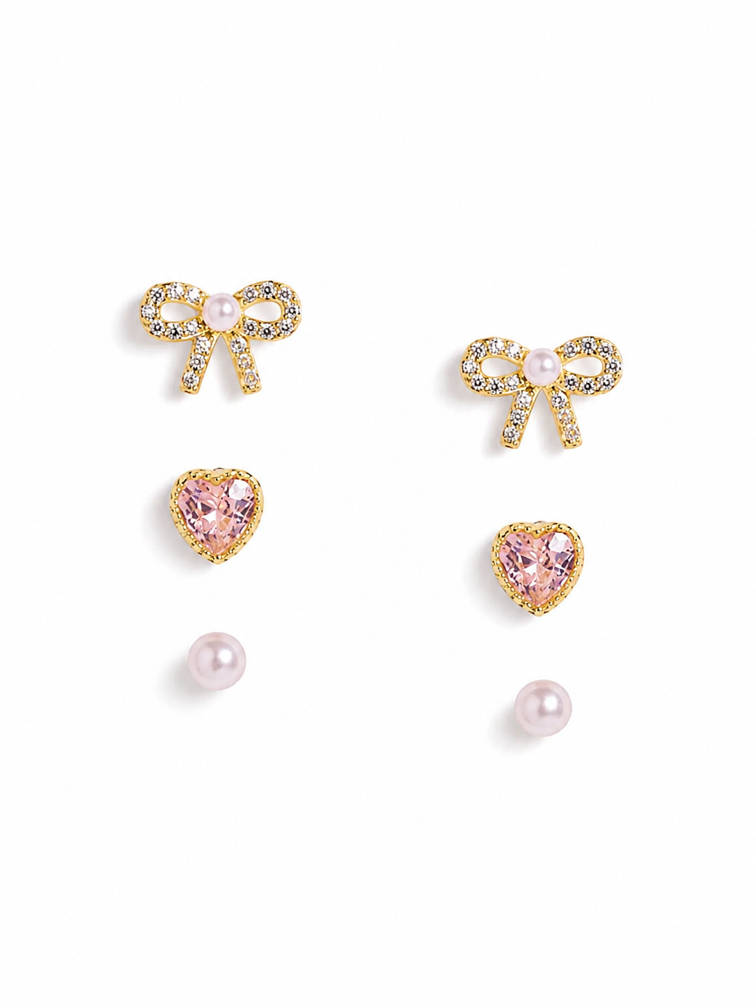 Silver Tiny Pink Heart & Bow Stud Set of 3