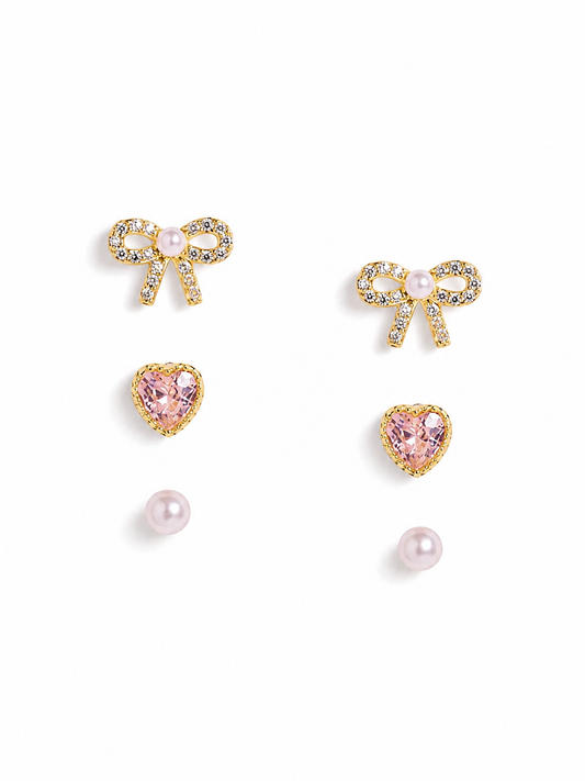 Silver Tiny Pink Heart & Bow Stud Set of 3