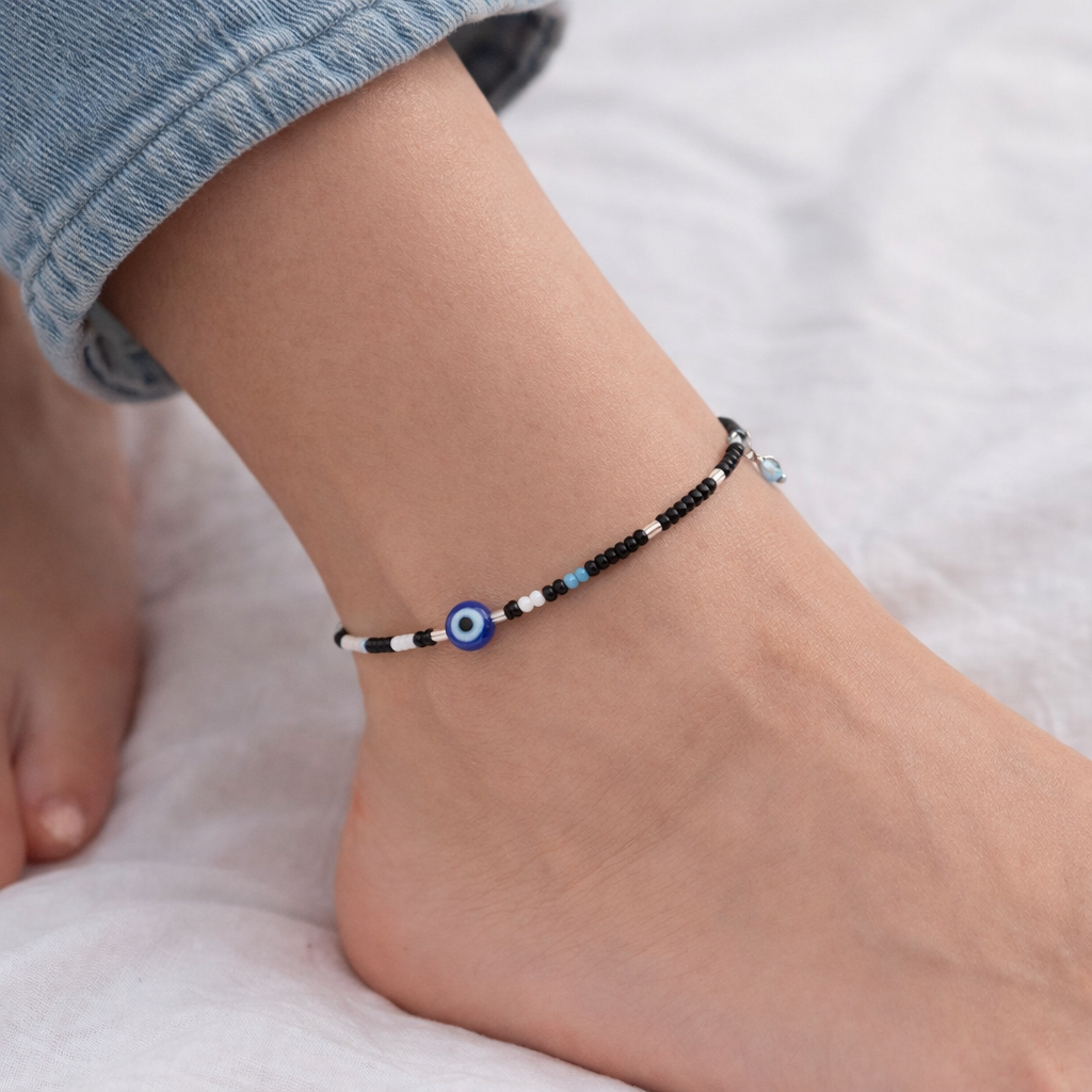 Black & Blue Beaded Evil Eye Anklet