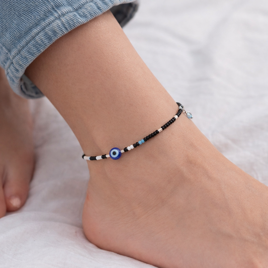 Black & Blue Beaded Evil Eye Anklet