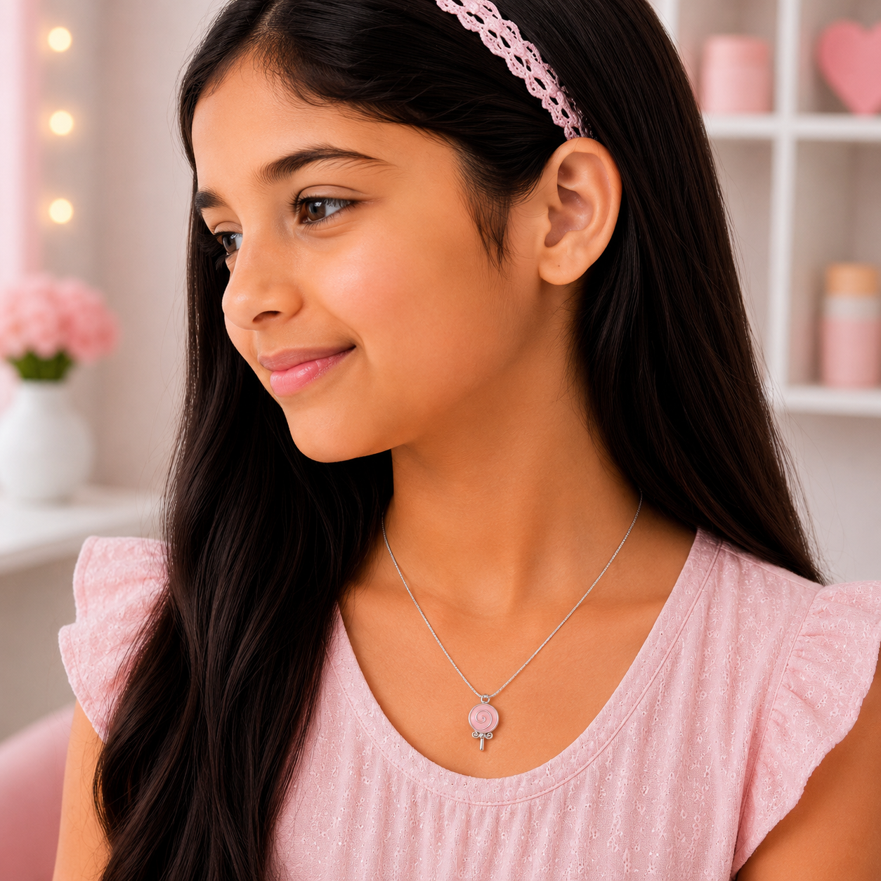 Silver Pink Lollipop Pendant Necklace