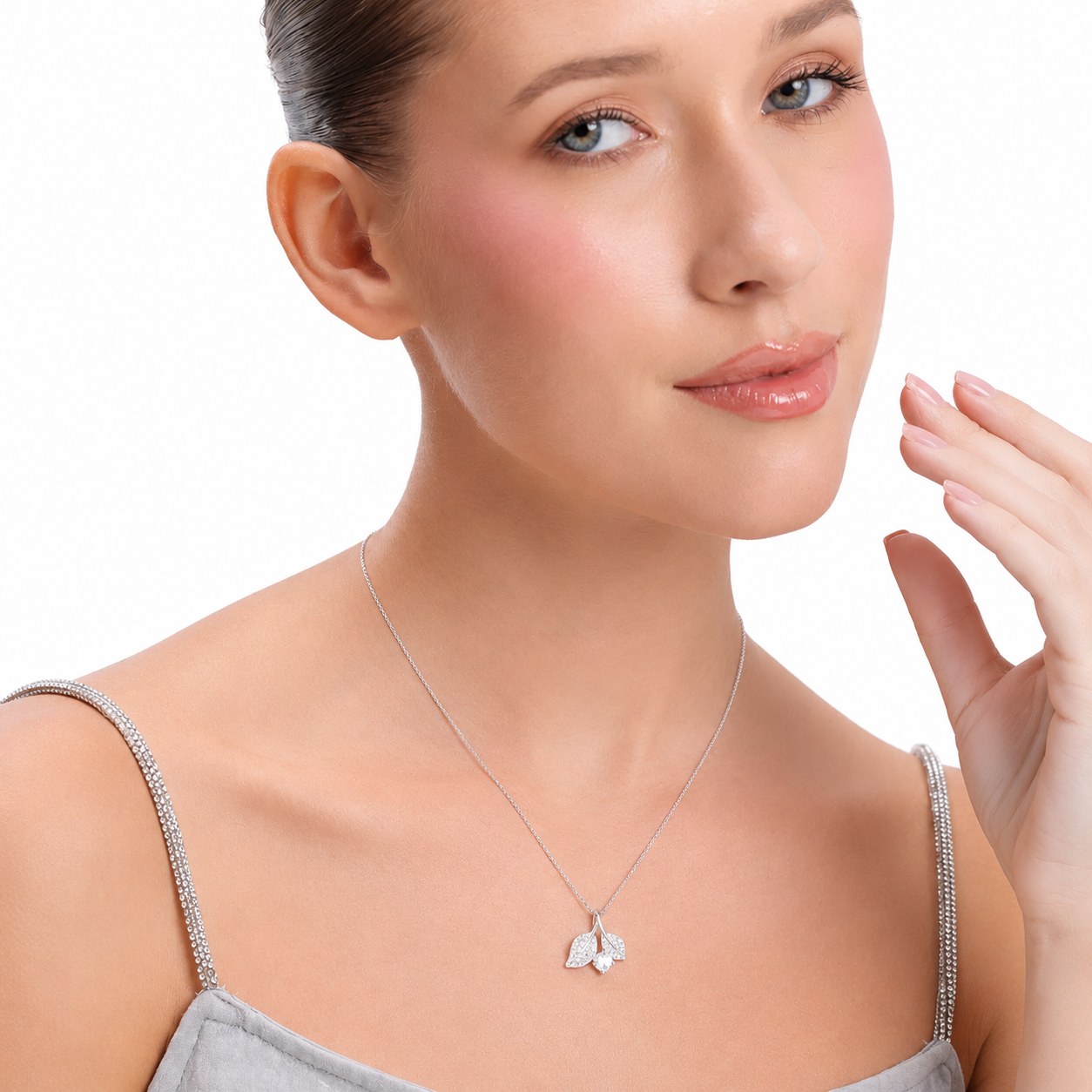 Silver Twin Leaf Sparkle Necklace