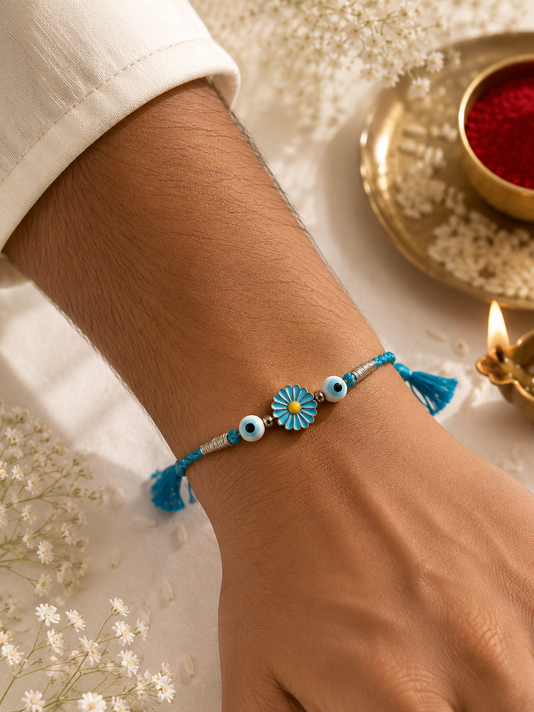 Blue Flower Evil Eye Rakhi