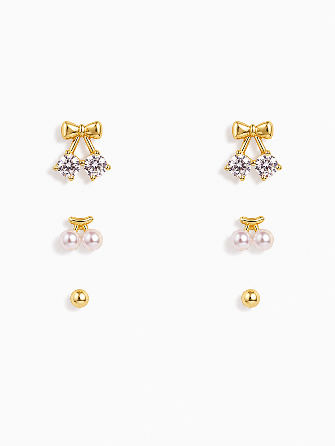 Silver Set of 3 Tiny Studs – Bow, Pearl & Classic Ball