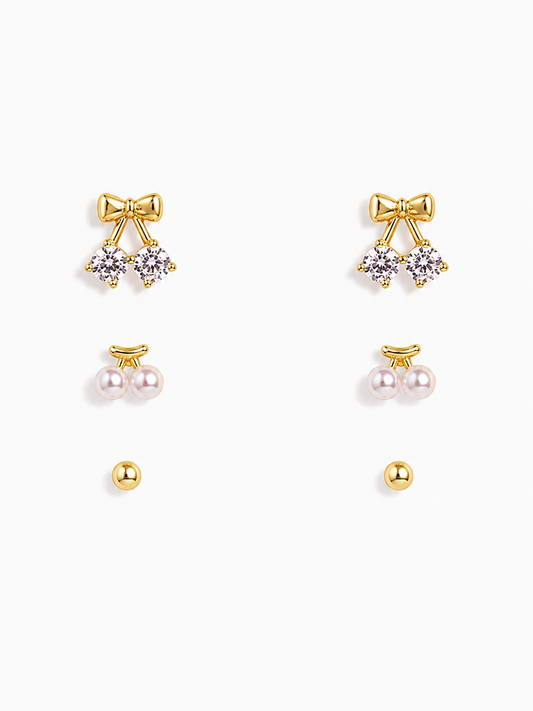 Silver Set of 3 Tiny Studs – Bow, Pearl & Classic Ball