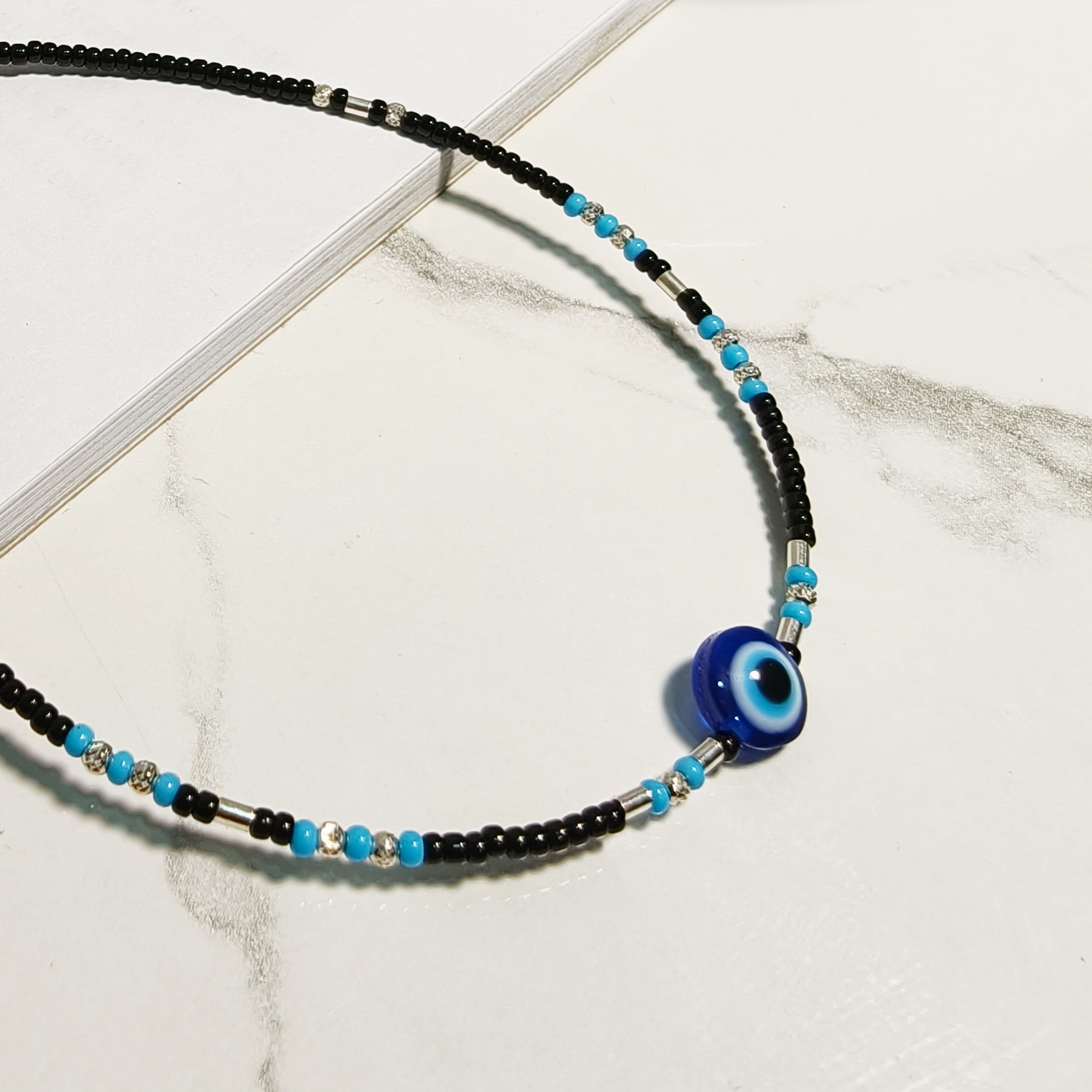Blue Evil Eye Black Bead Anklet