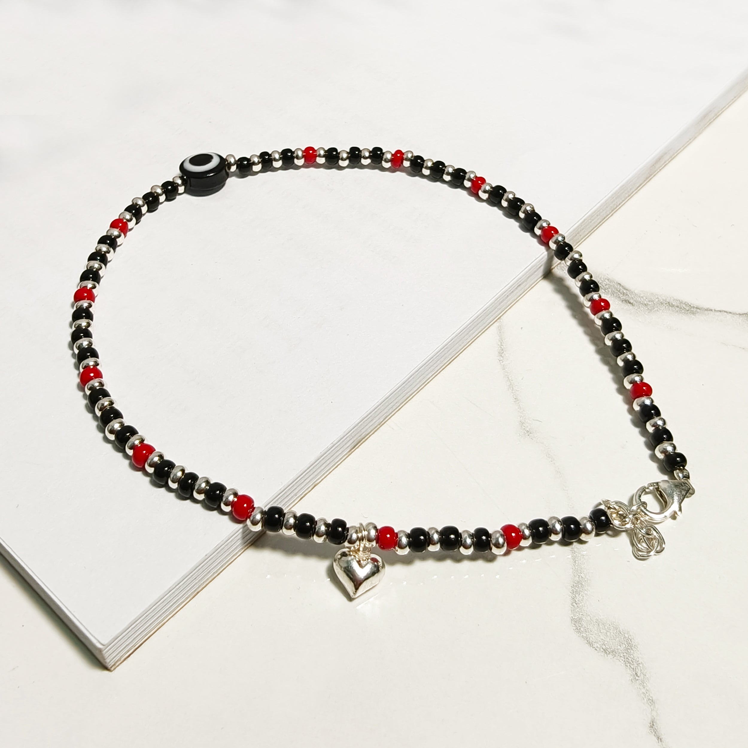 Red & Black Beaded Evil Eye Anklet