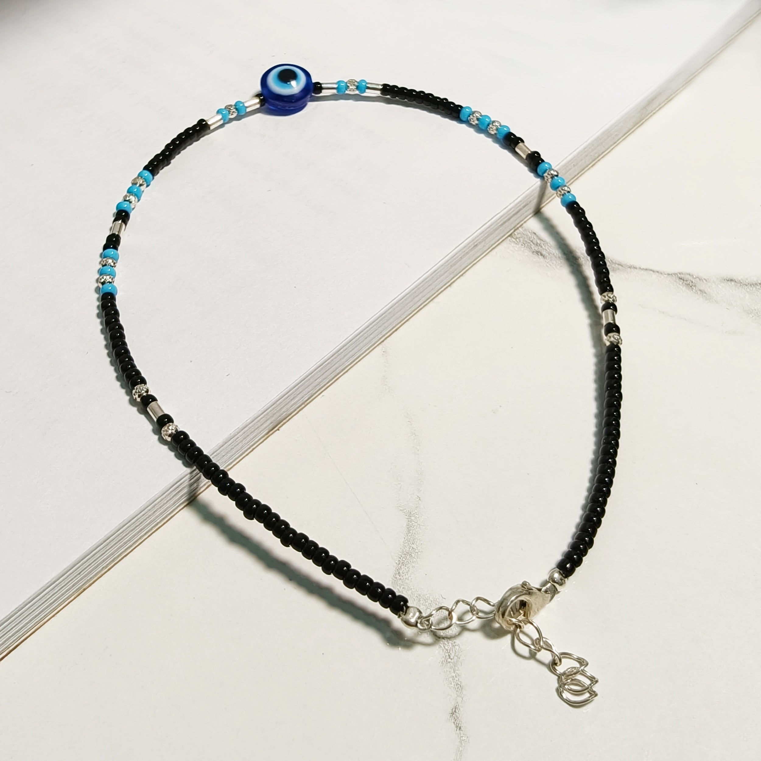 Blue Evil Eye Black Bead Anklet