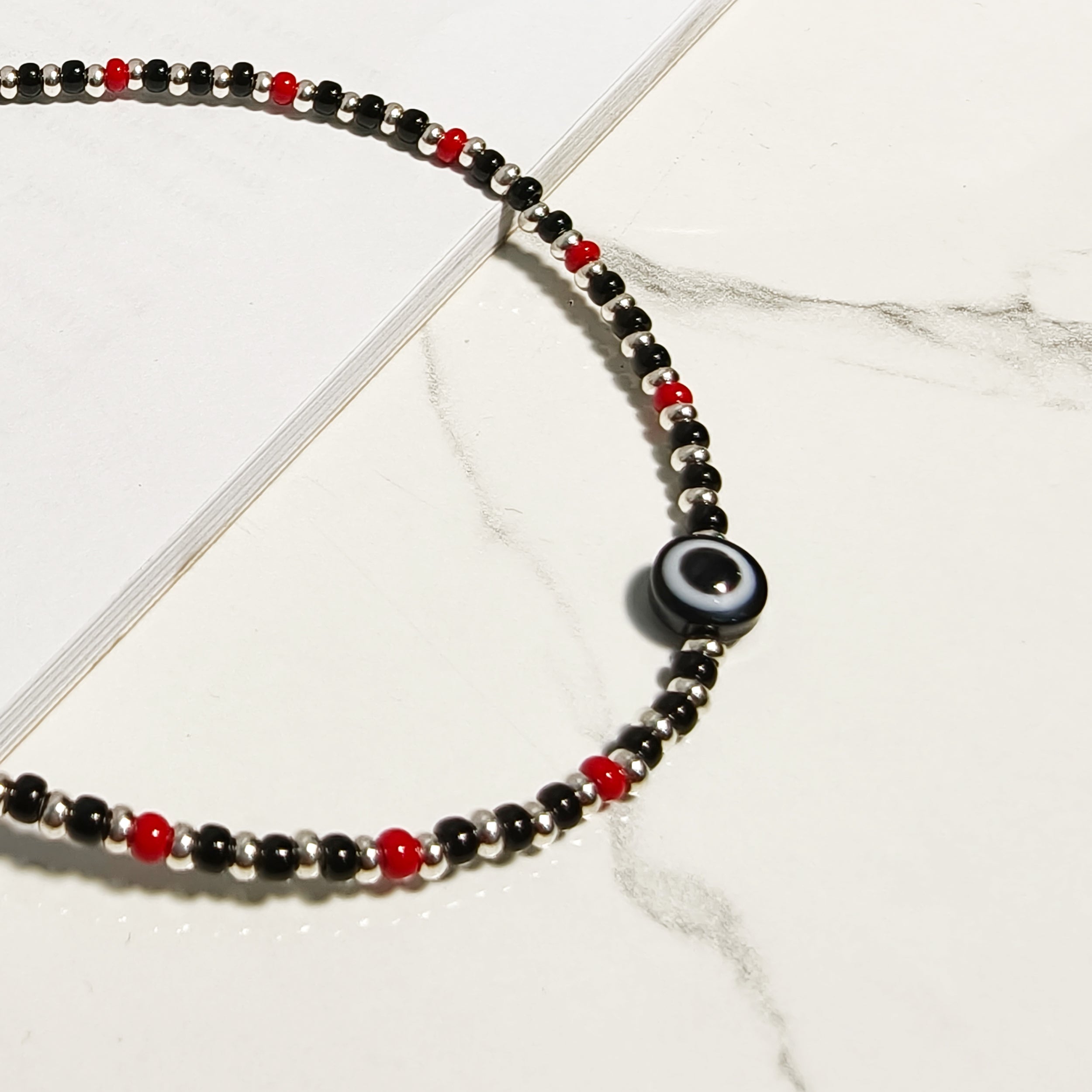 Red & Black Beaded Evil Eye Anklet