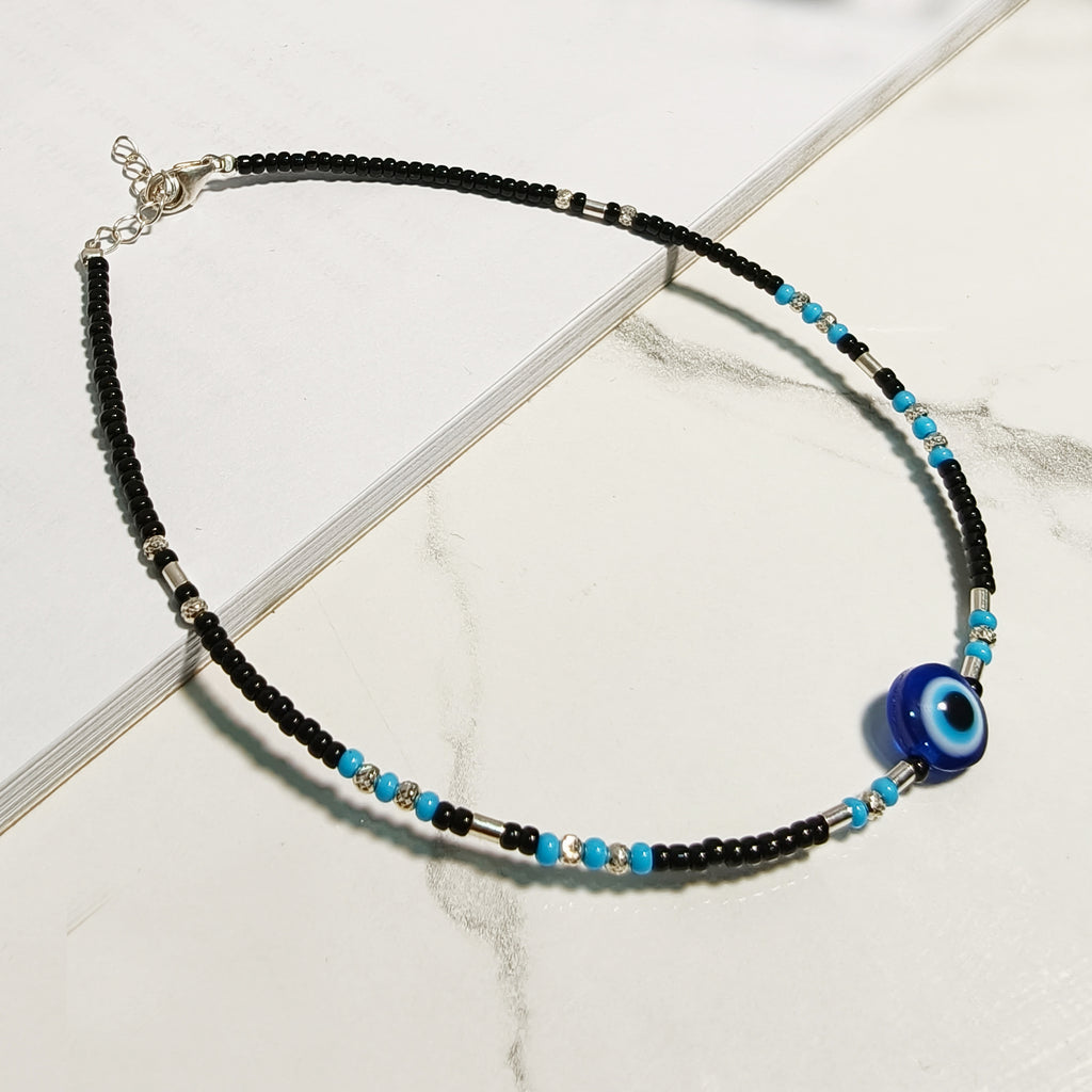Blue Evil Eye Black Bead Anklet