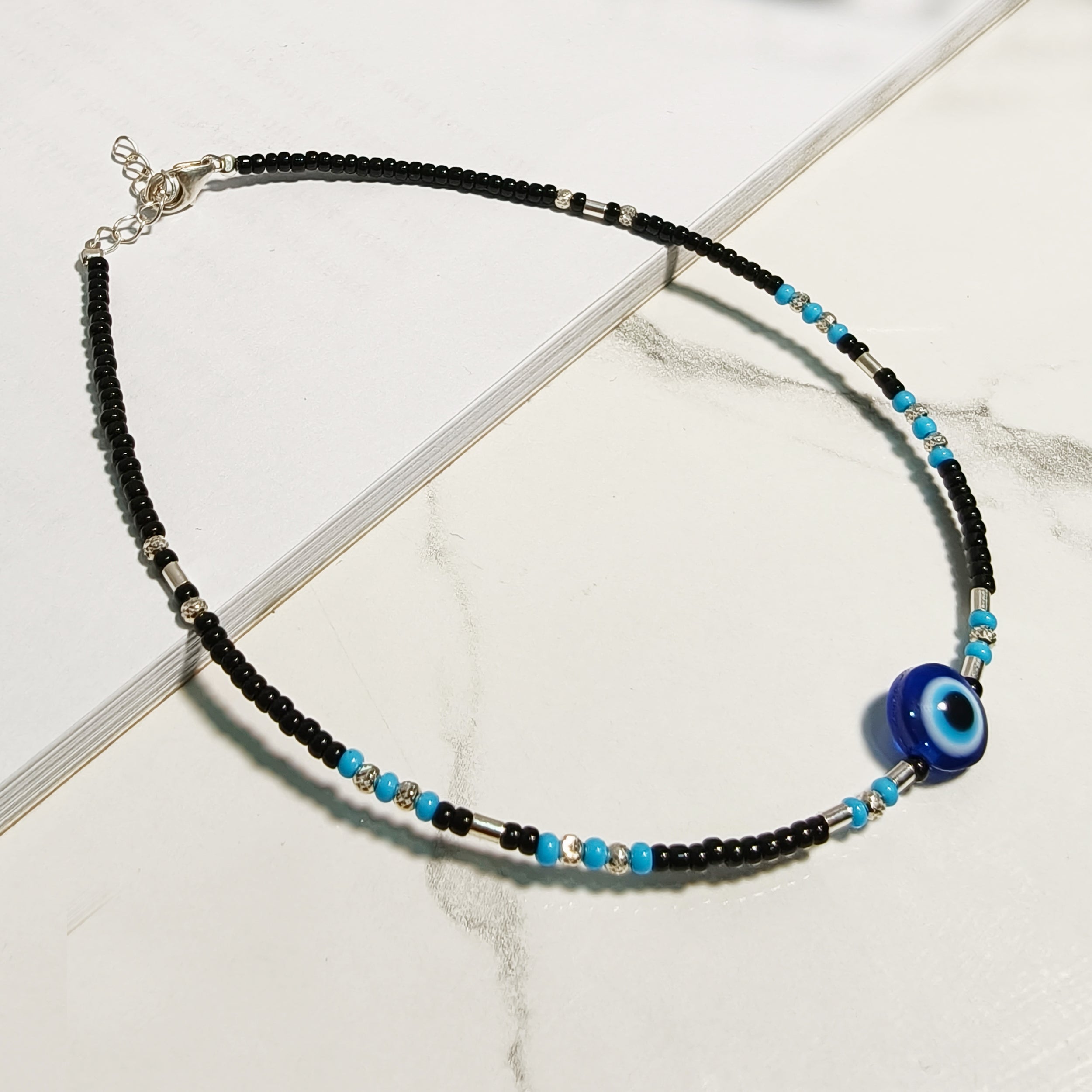 Blue Evil Eye Black Bead Anklet