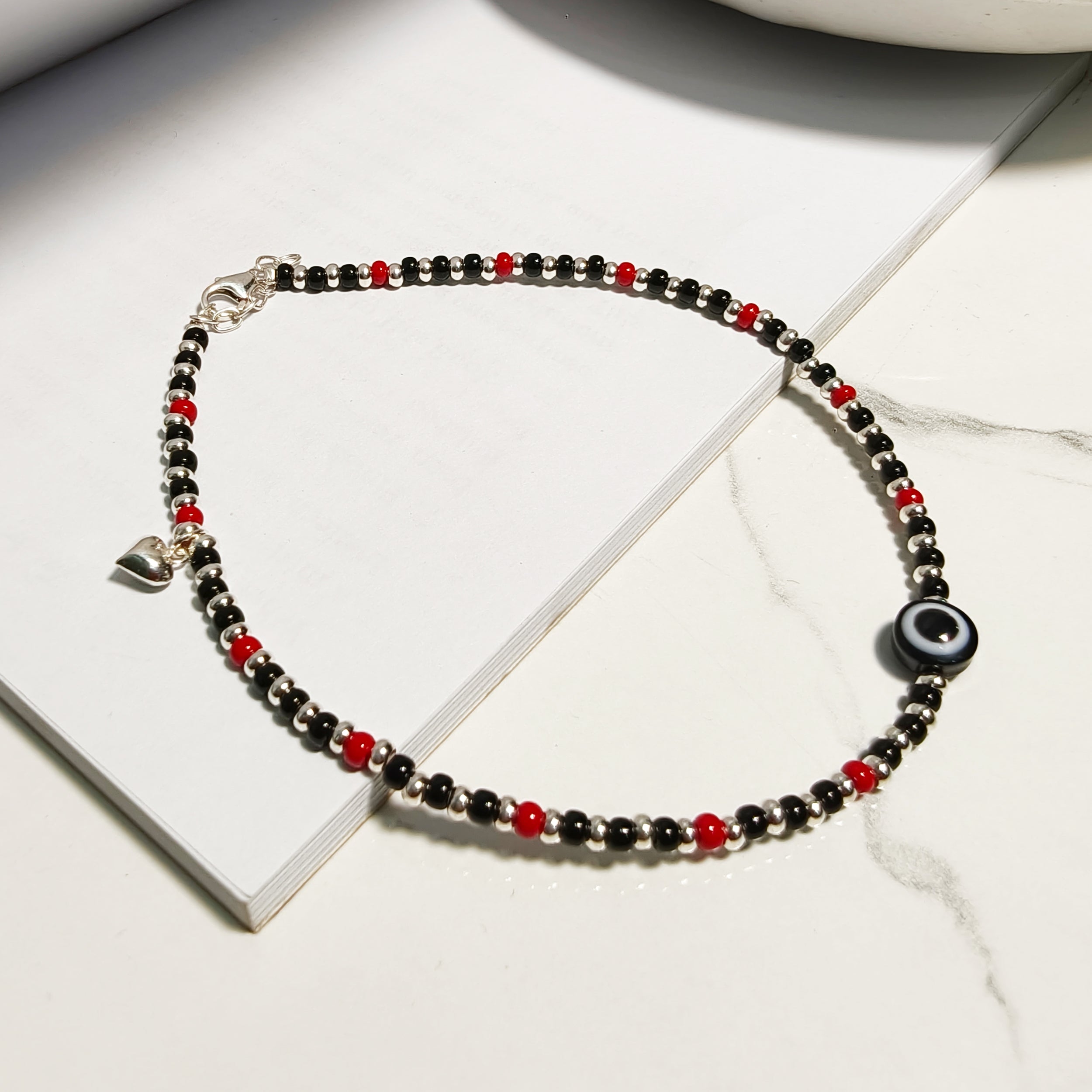 Red & Black Beaded Evil Eye Anklet