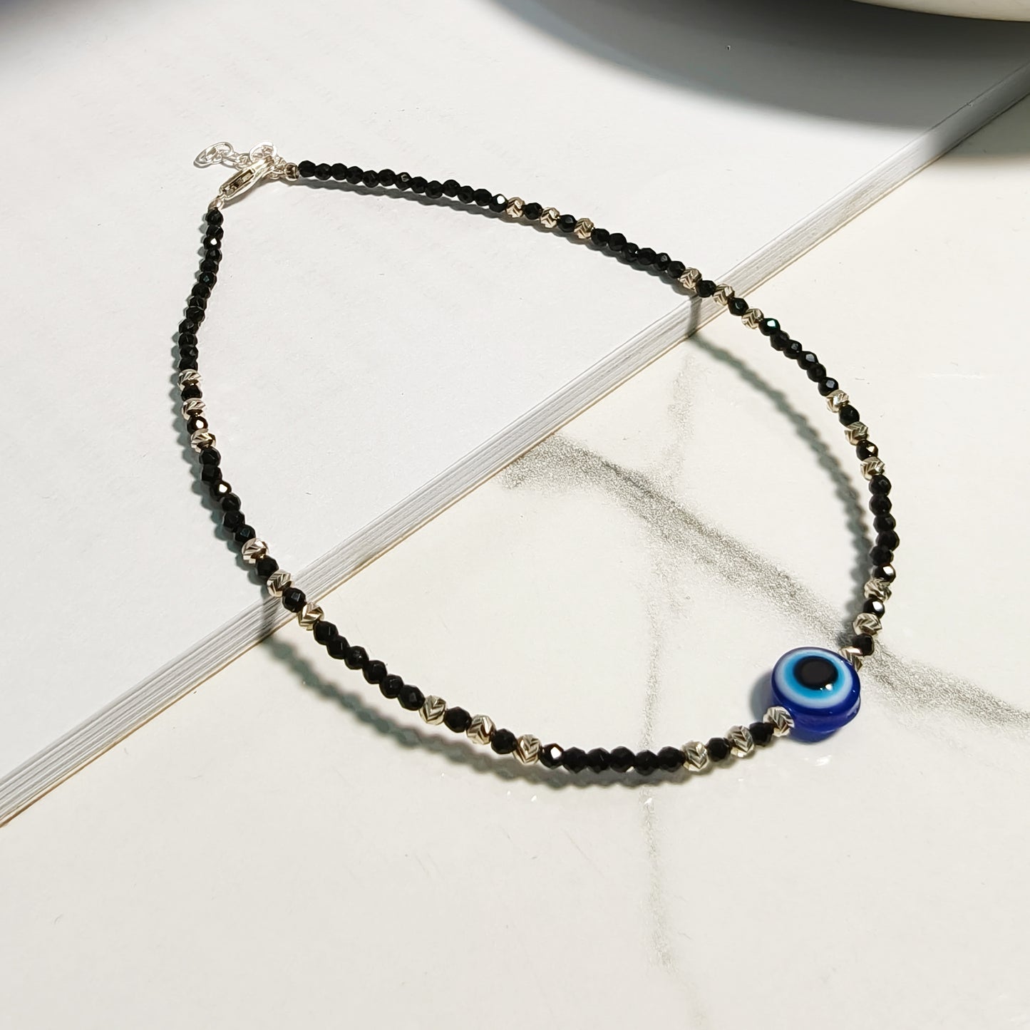 Evil Eye Black Silver Bead Anklet