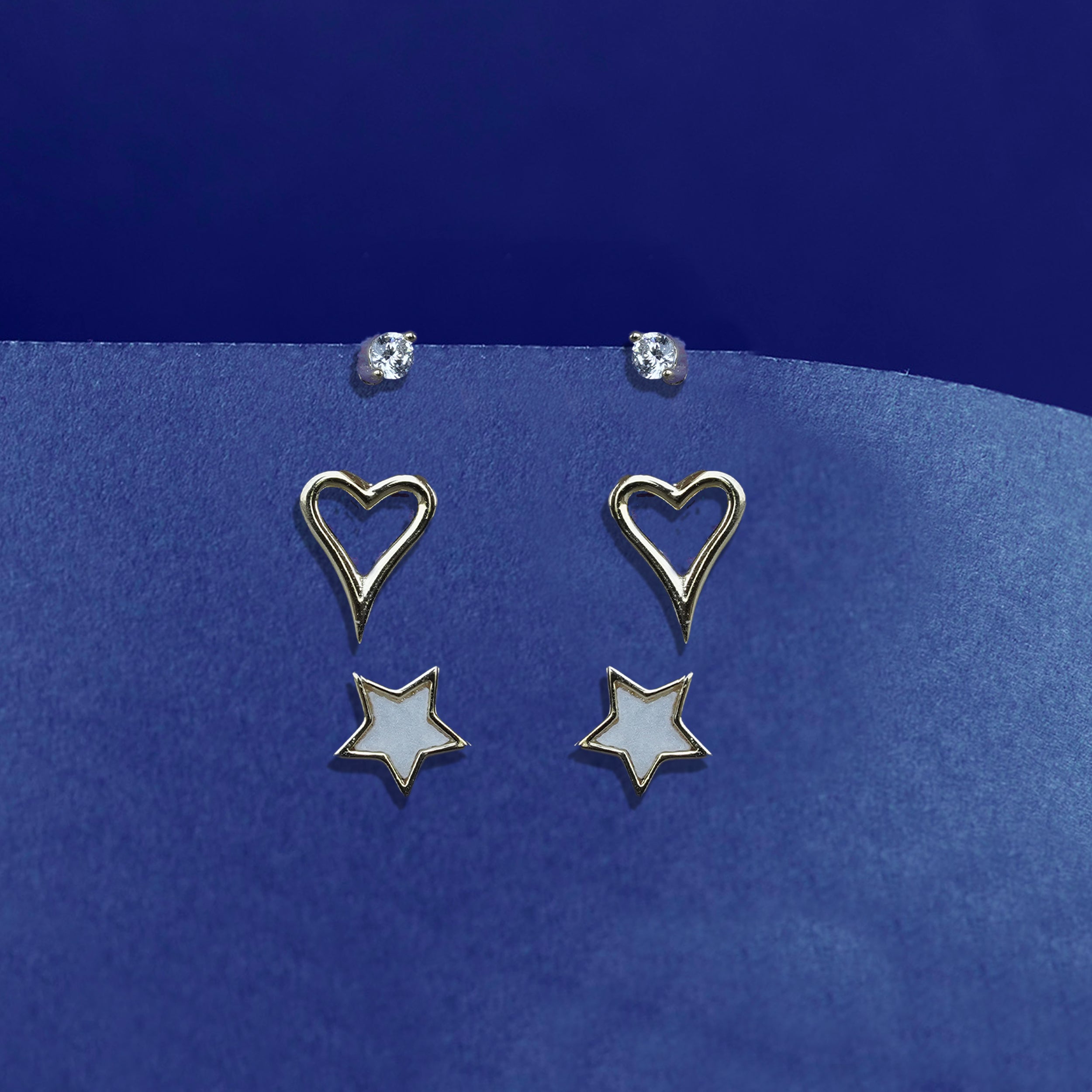 Minimal Heart & Star Stud Trio  Gold Finish