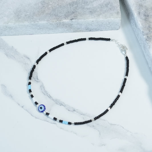 Black & Blue Beaded Evil Eye Anklet