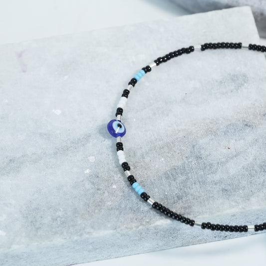 Black & Blue Beaded Evil Eye Anklet