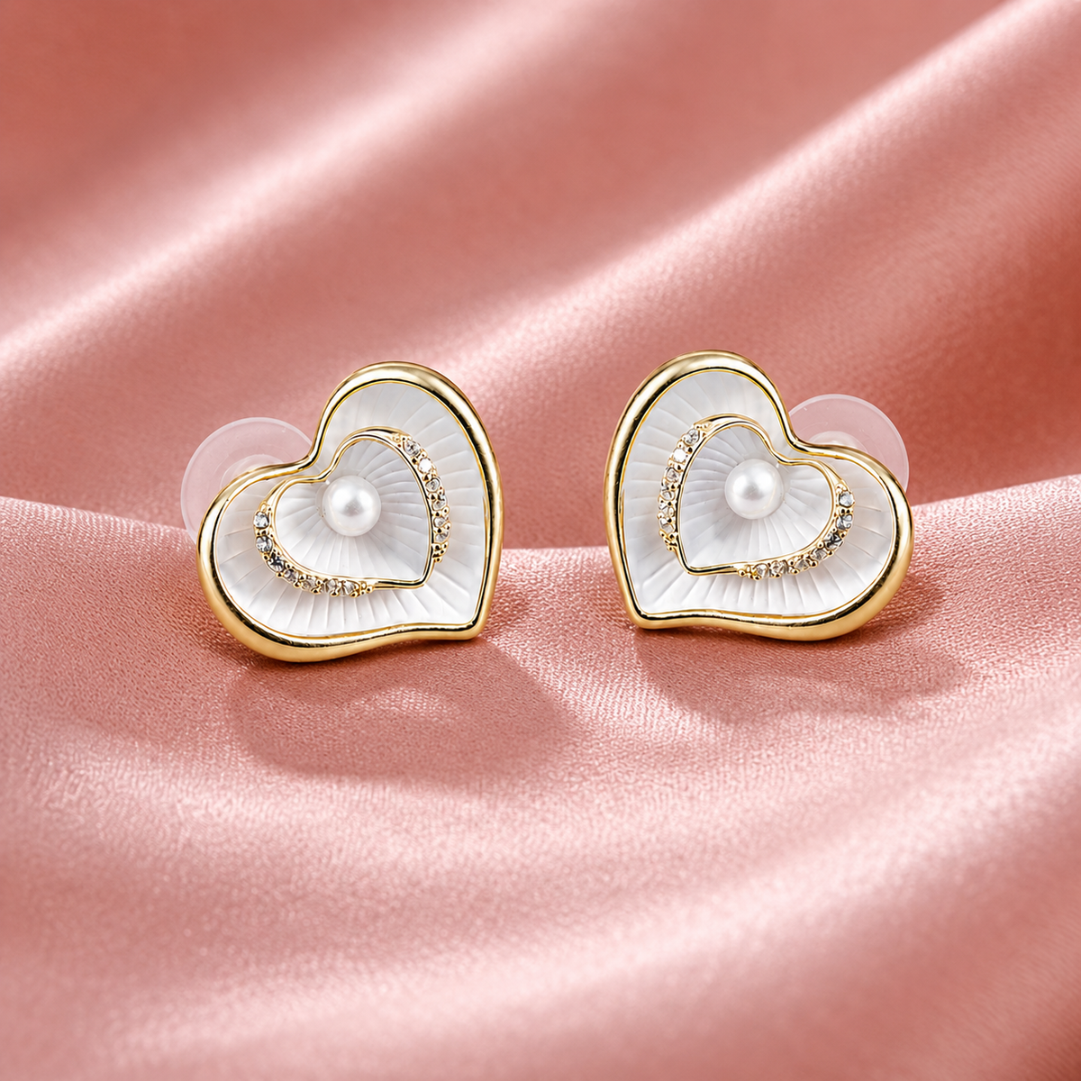 Gold-Finish Heart Pearl Studs