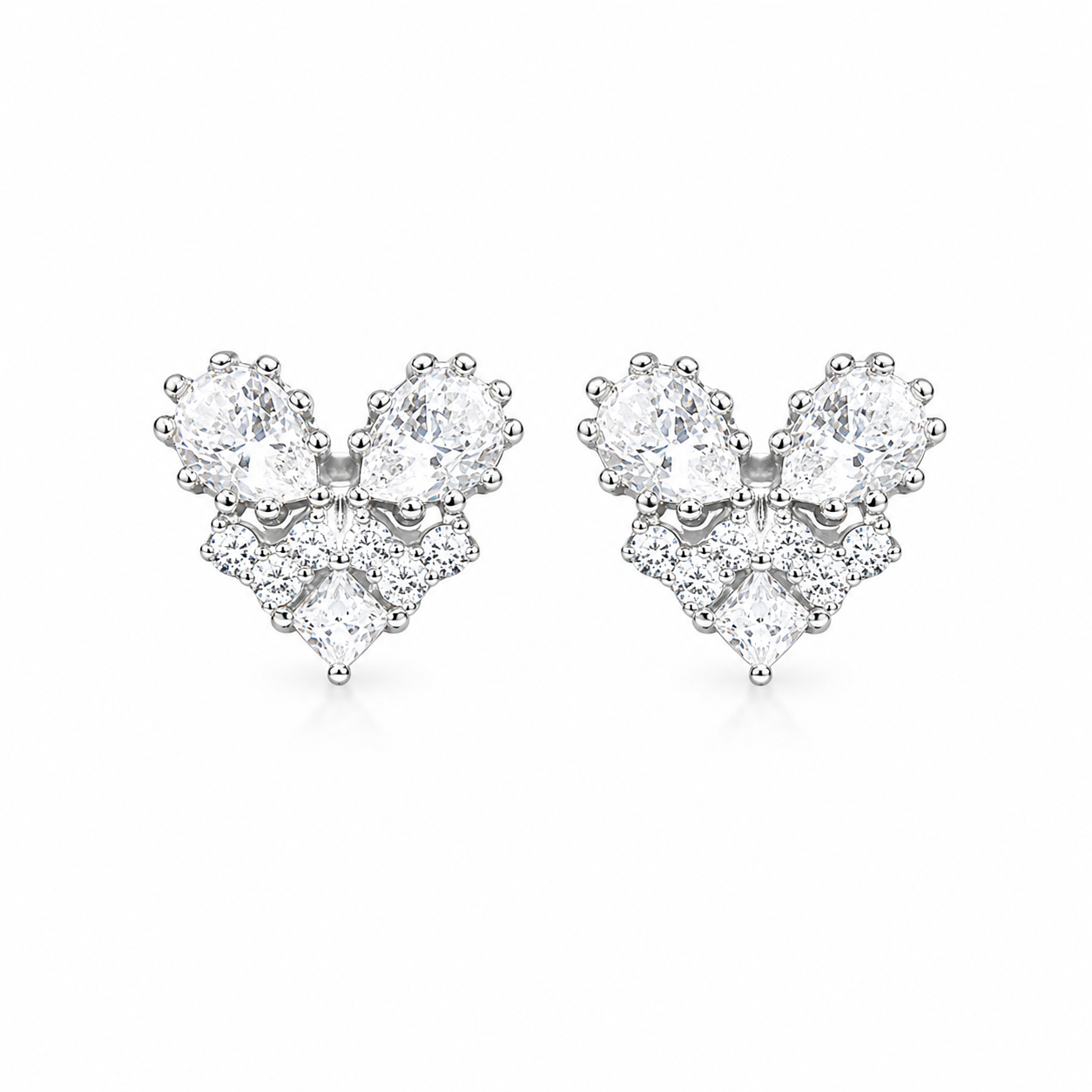 Silver Crystal Bloom Heart Studs