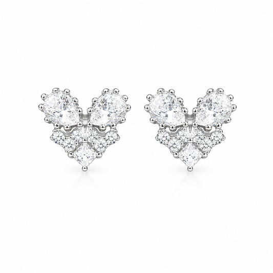Silver Crystal Bloom Heart Studs