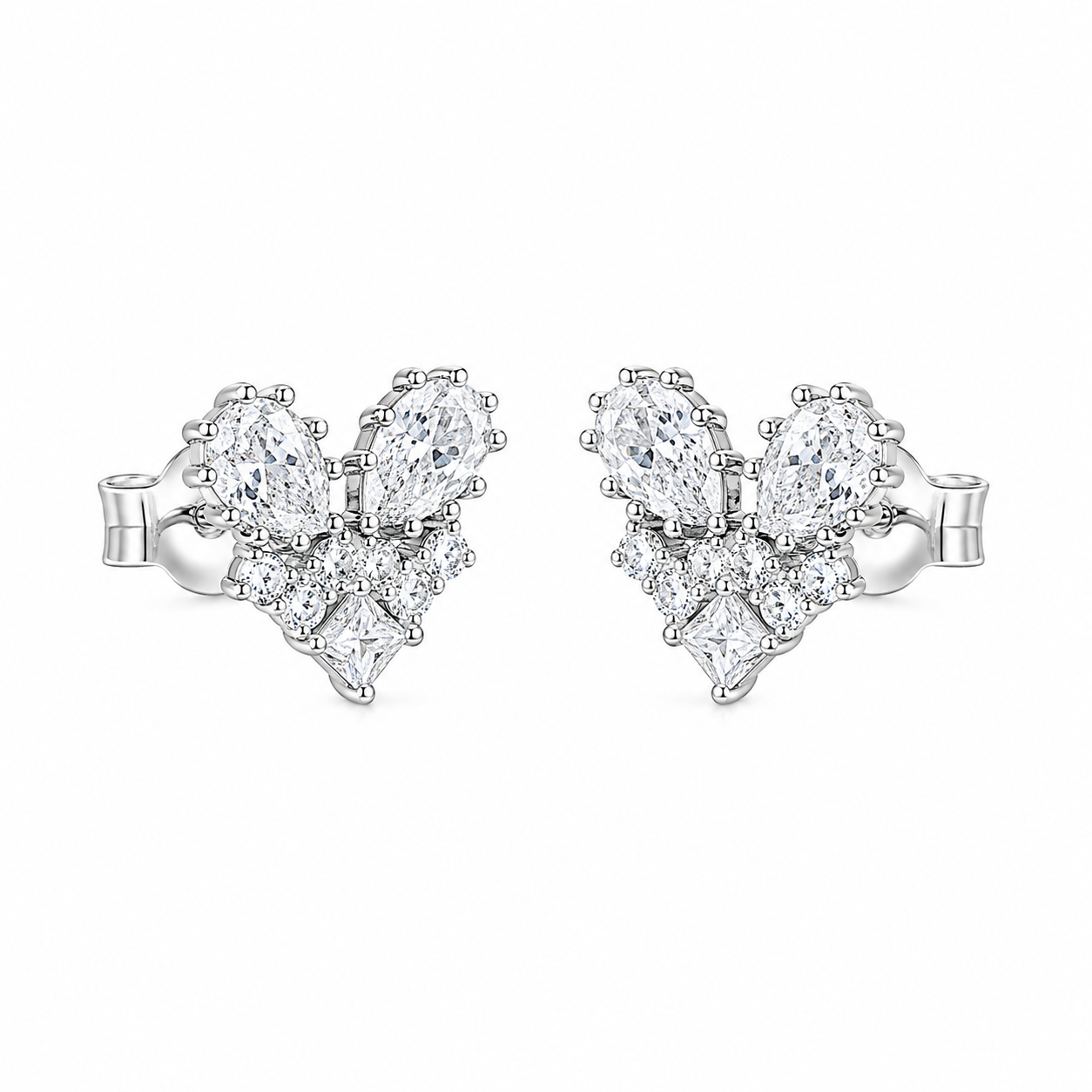 Silver Crystal Bloom Heart Studs