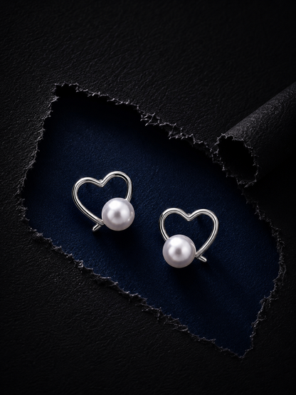 Silver Delicate Pearl Heart Studs