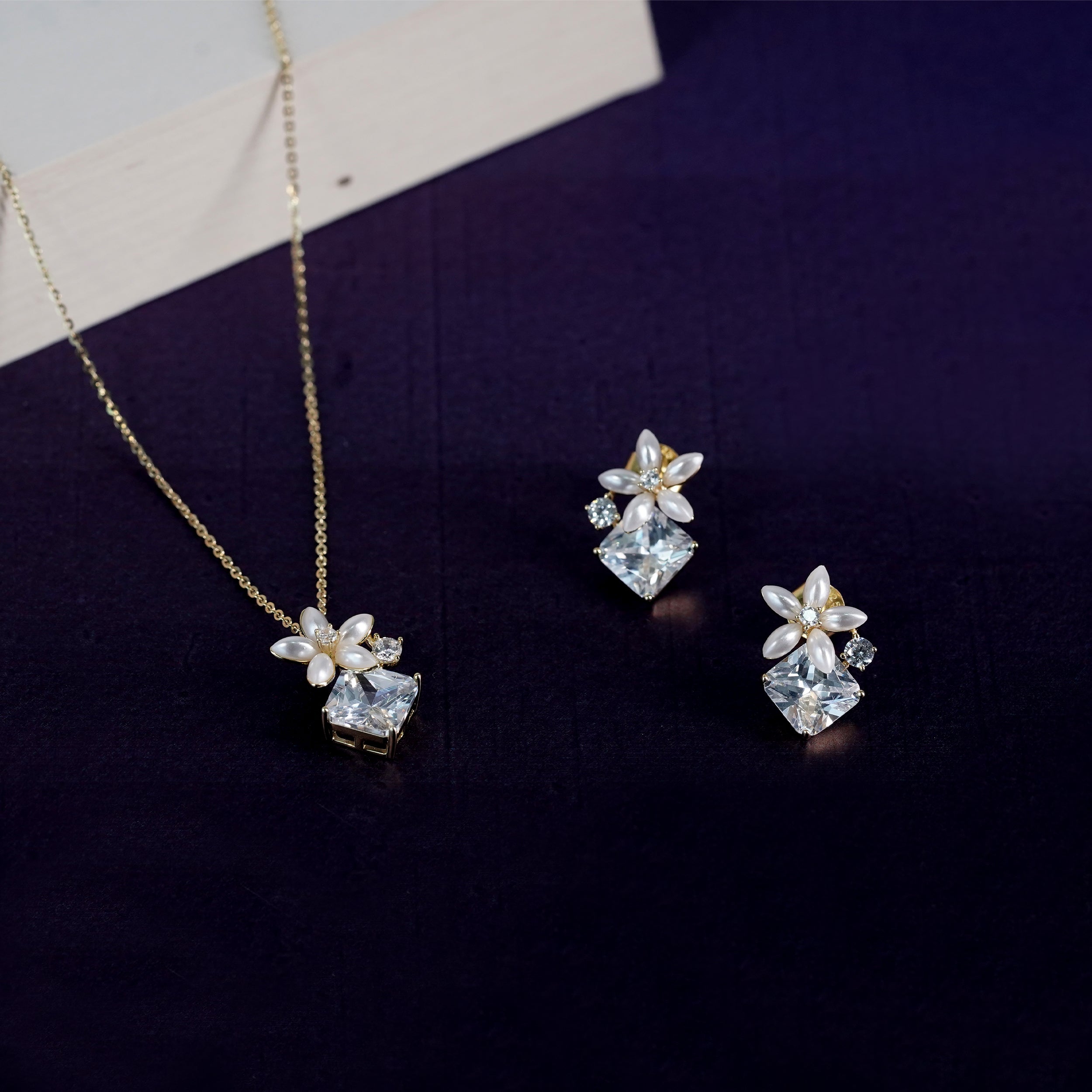 Gold Finish Flower Pendant & Studs Set