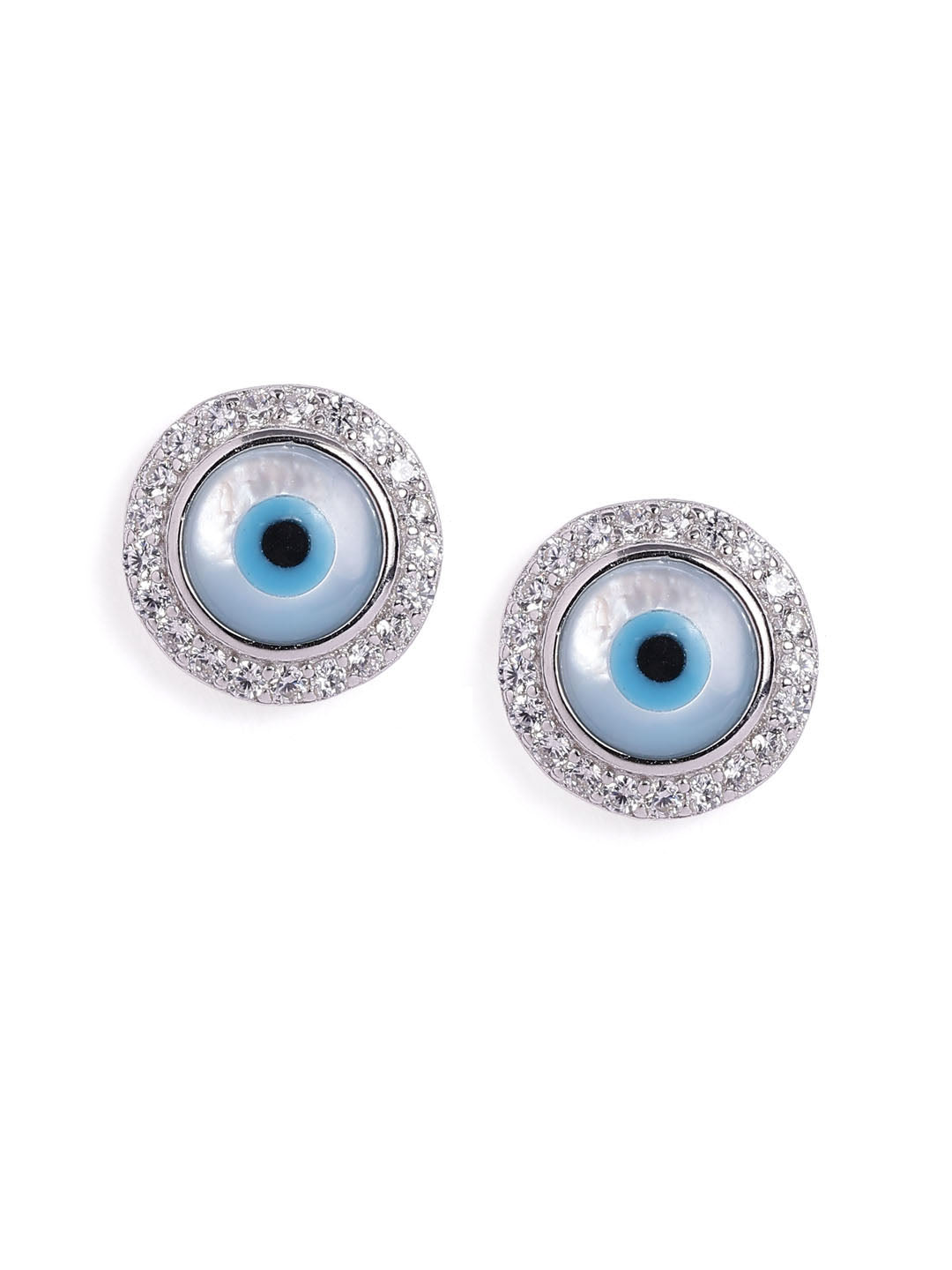 Mangal sutra and earrings set with evil eye-shaped charms on a white background