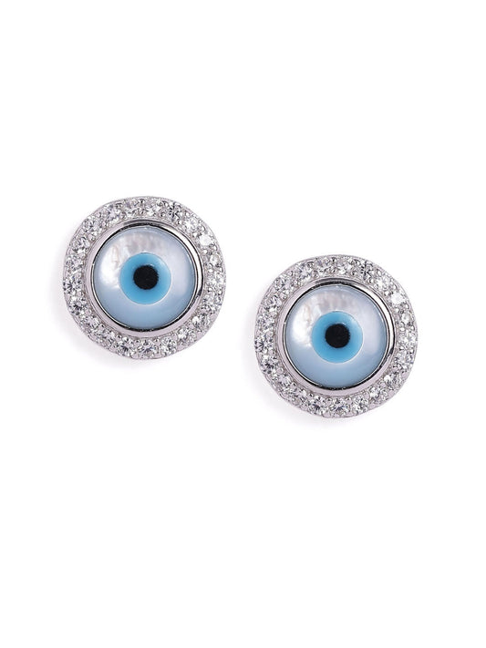 Mangal sutra and earrings set with evil eye-shaped charms on a white background