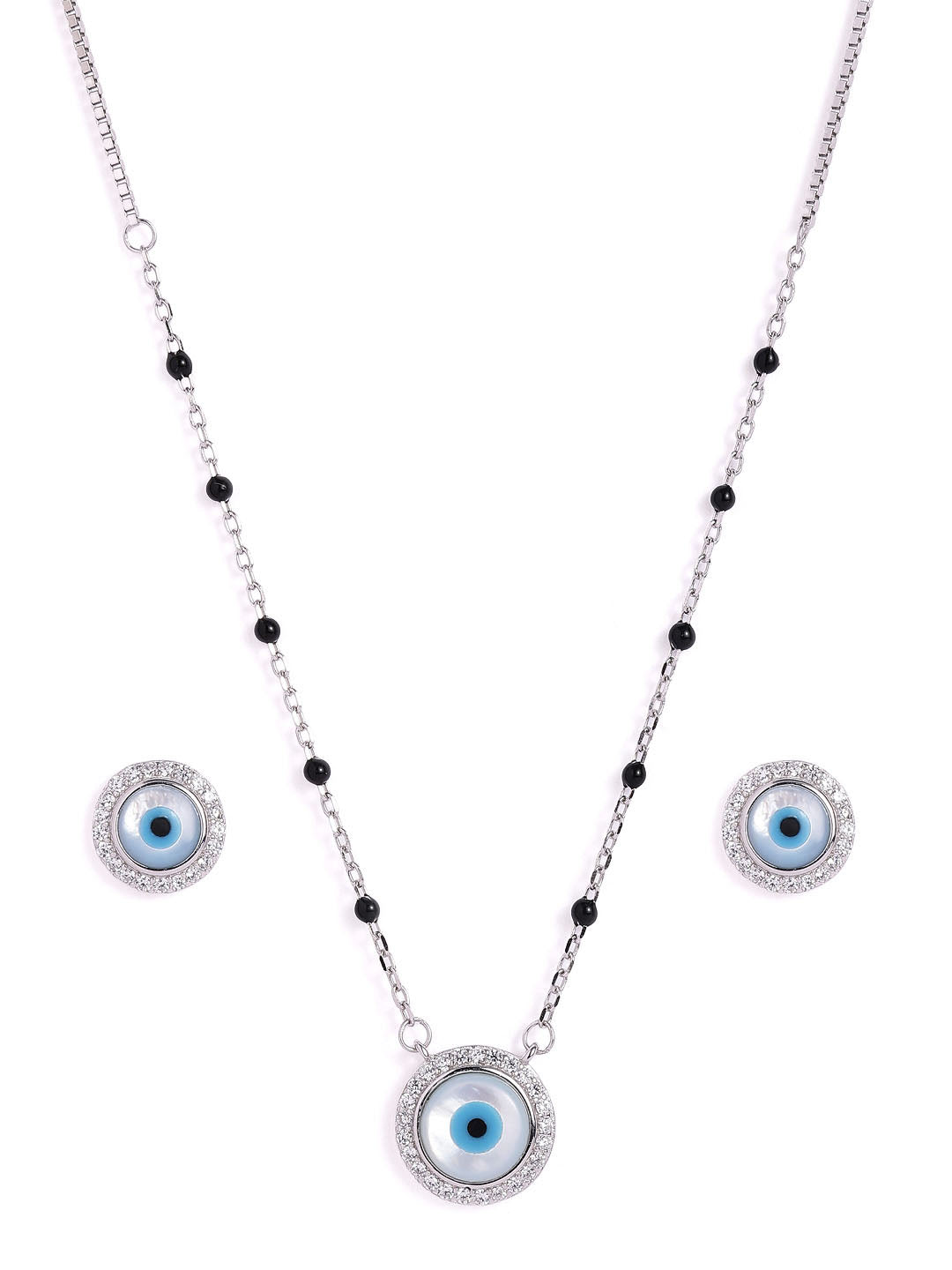Mangal sutra and earrings set with evil eye-shaped charms on a white background
