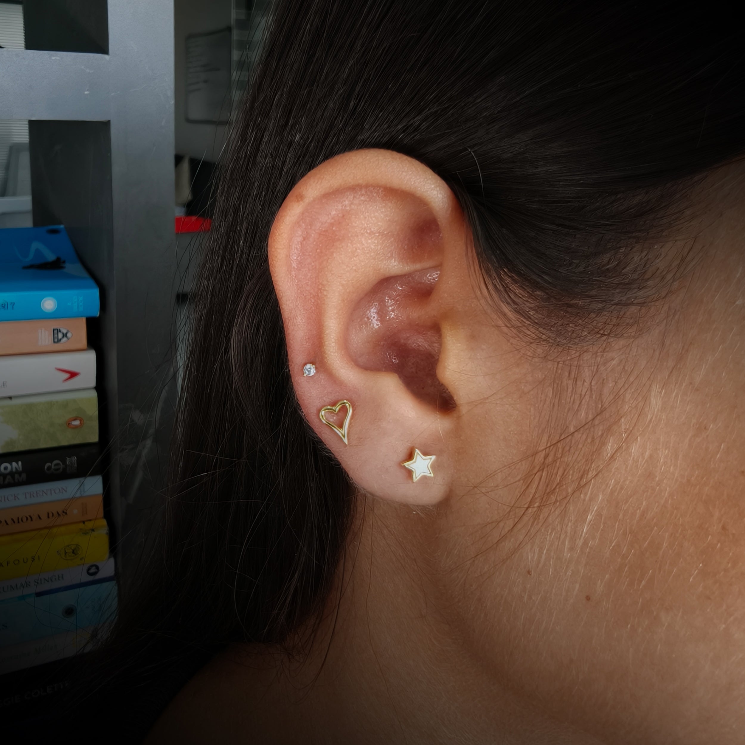 Minimal Heart & Star Stud Trio  Gold Finish