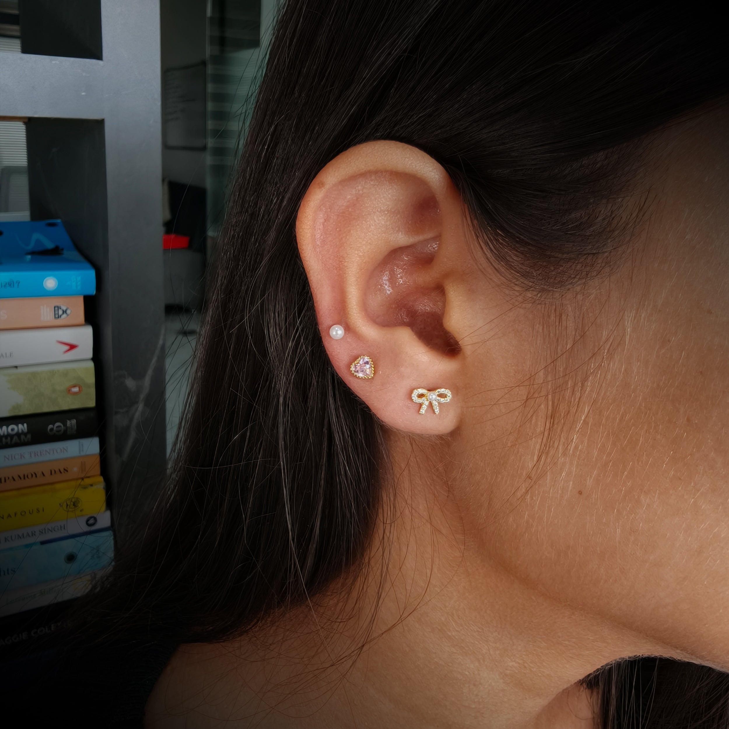 Tiny Pink Heart & Bow Stud Set