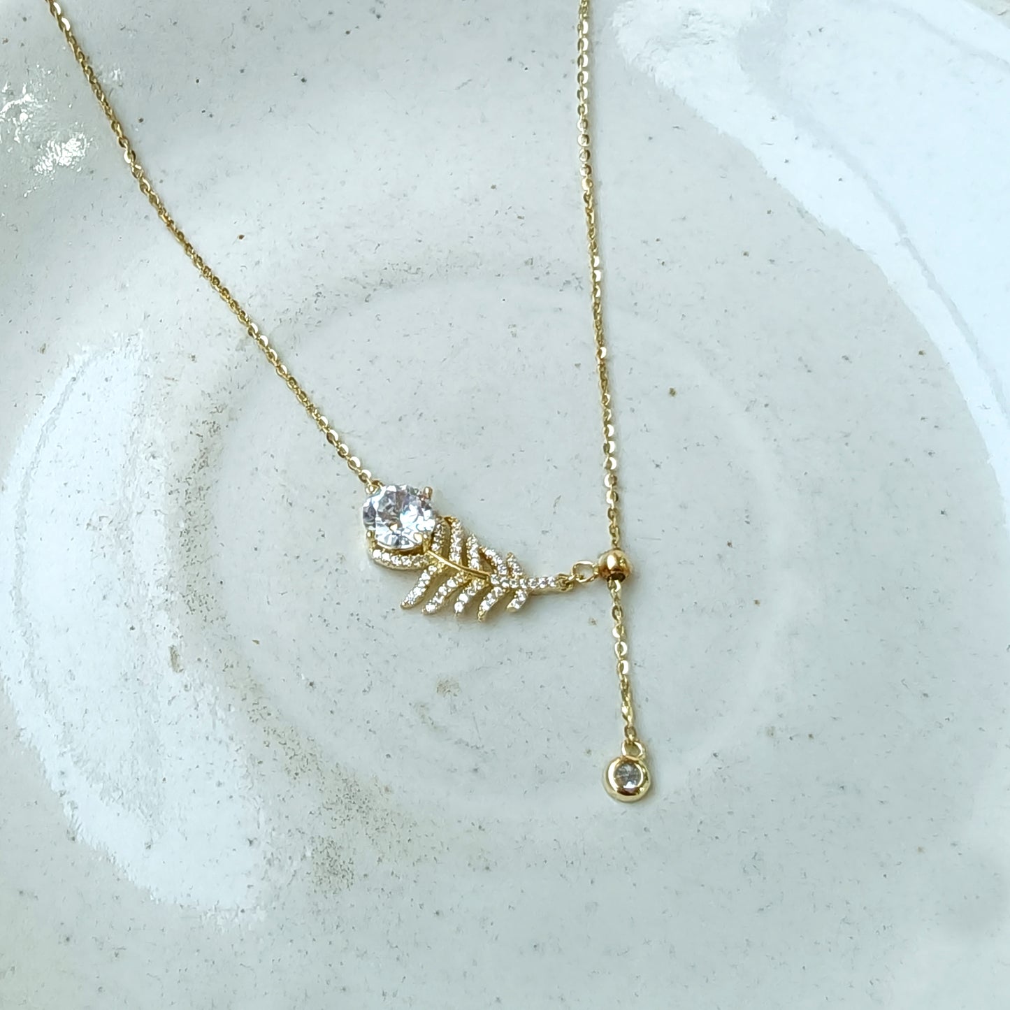 Golden Crystal Leaf Lariat Necklace