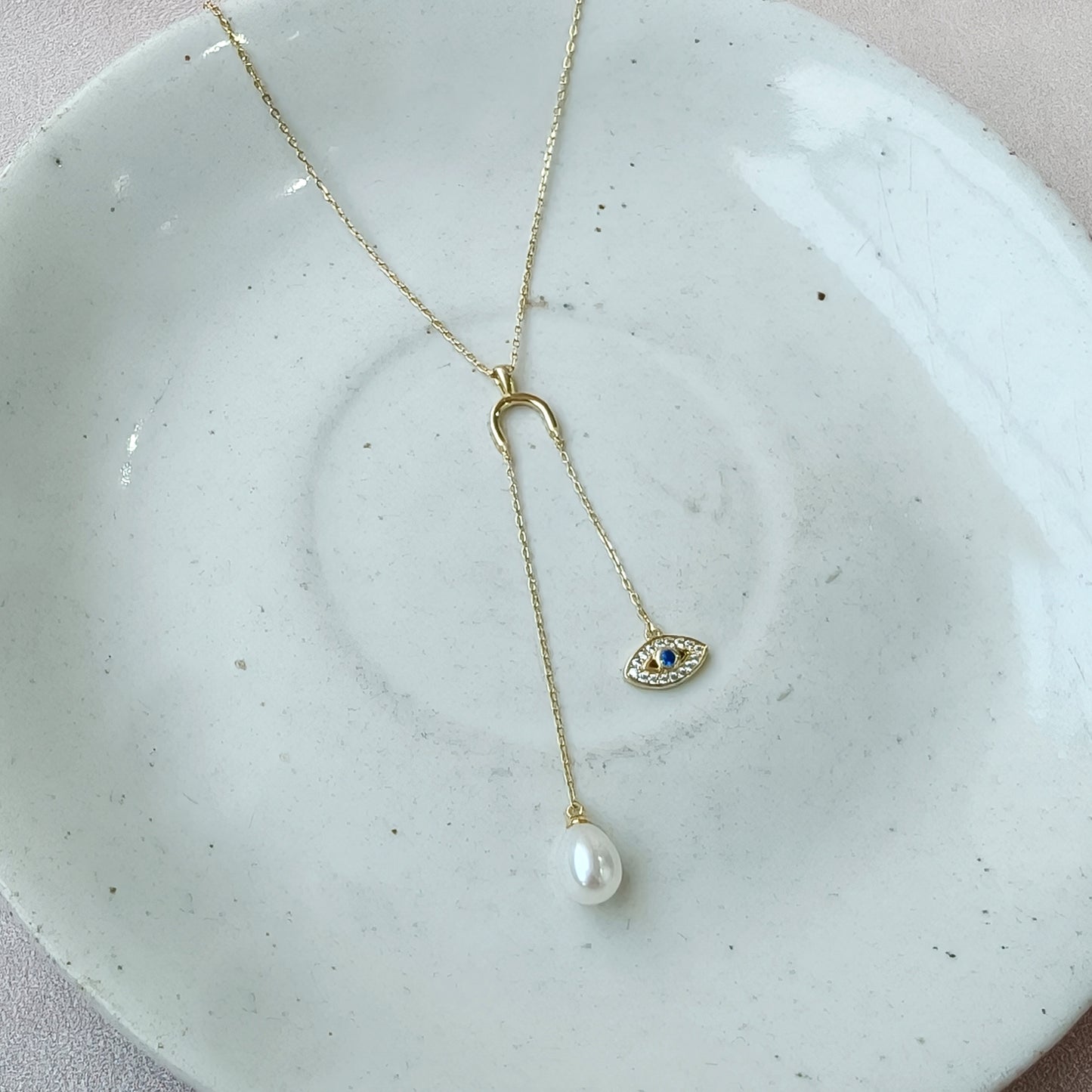 Golden Evil Eye Pearl Drop Lariat Necklace