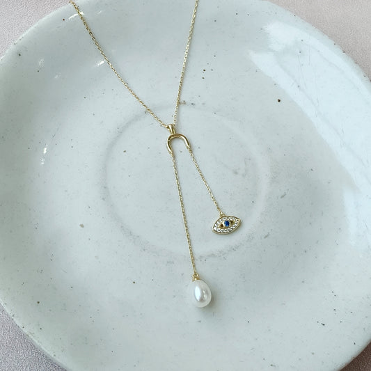 Golden Evil Eye Pearl Drop Lariat Necklace
