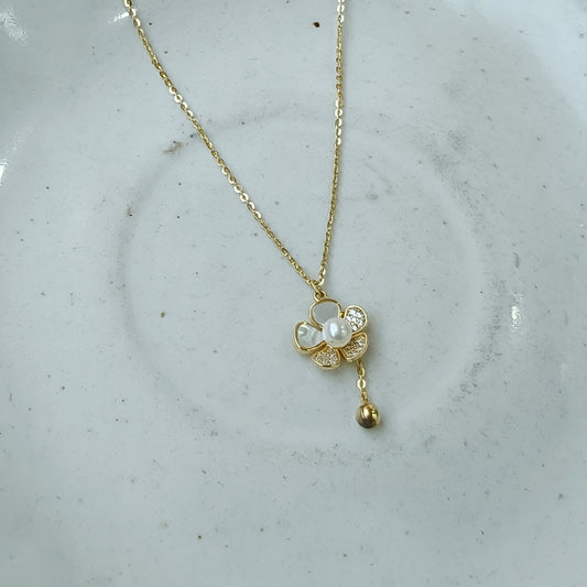 Radiant Flower Pearl Drop Gold Necklace