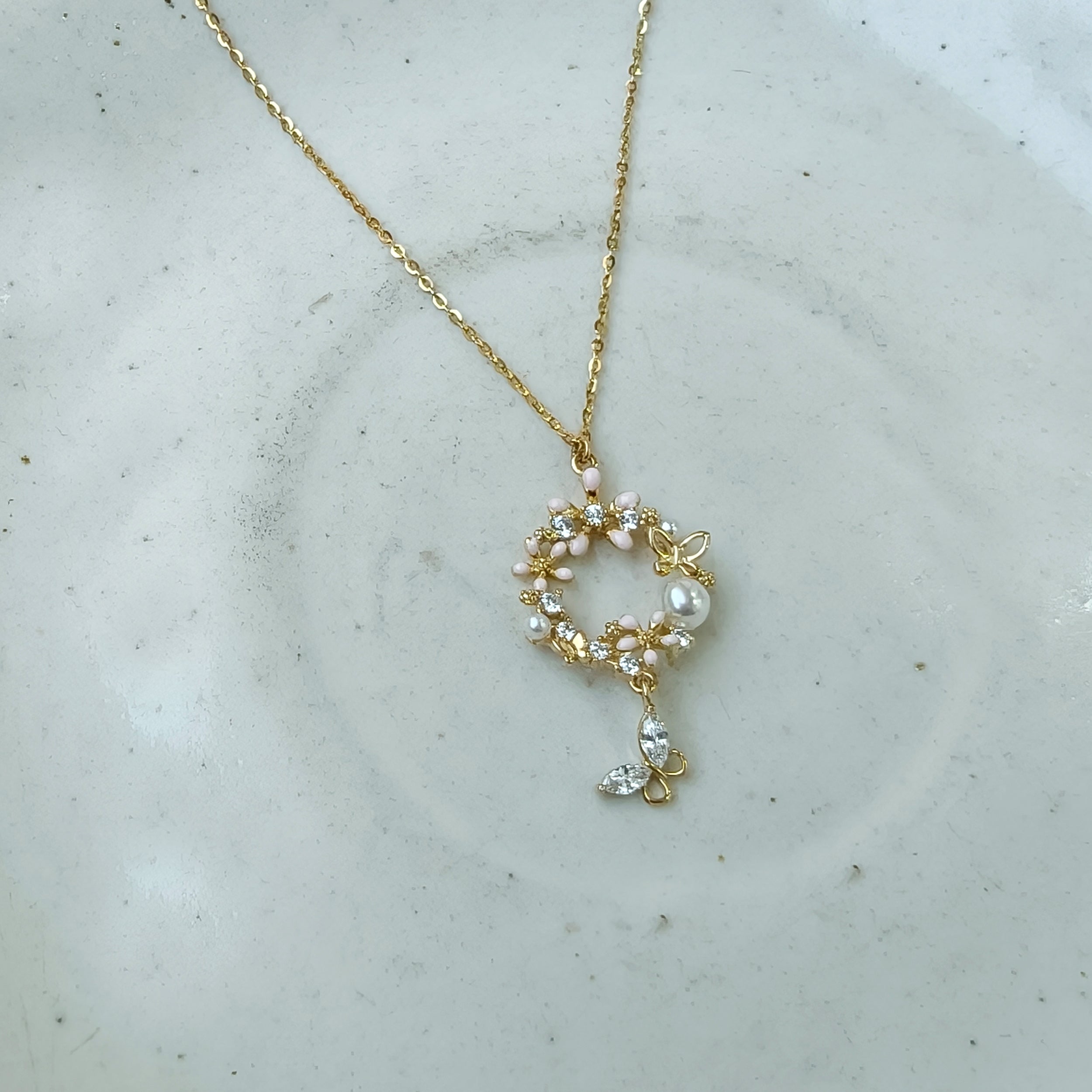 Golden Blossom Pearl & Crystal Drop Necklace