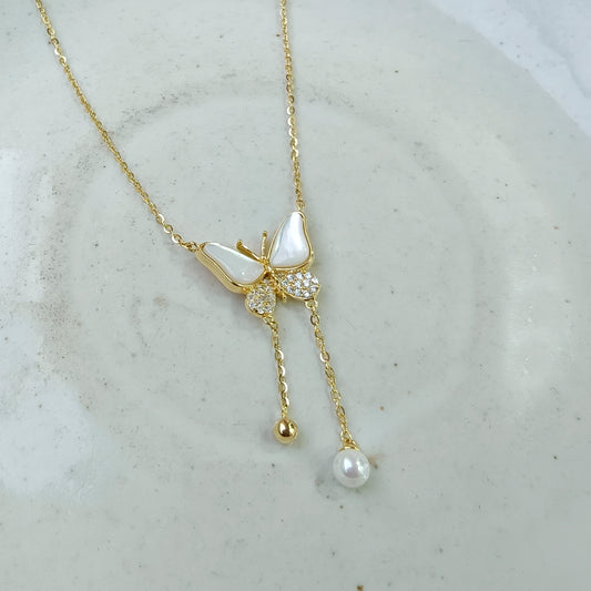 Butterfly Pearl Drop Golden Necklace