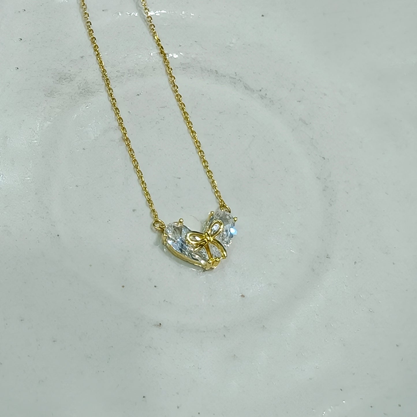 Twin Heart Bow Gold Necklace
