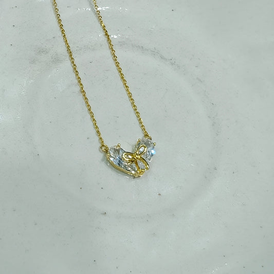 Twin Heart Bow Gold Necklace